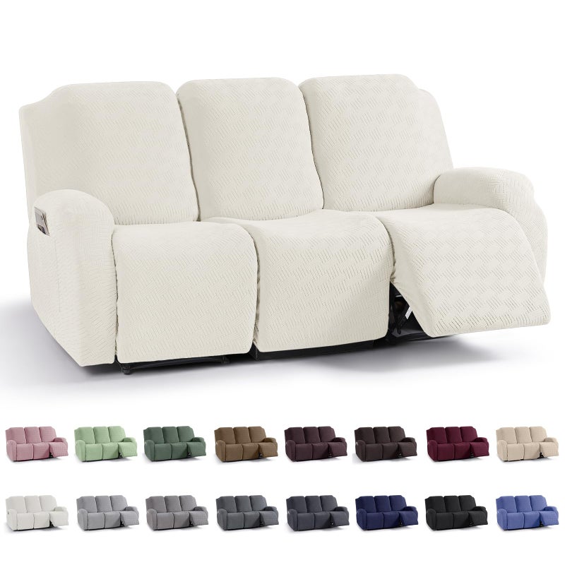 KinCam Recliner Covers, Stretch Reclining Chair Covers, Recliner Sofa Slipcovers Stripe Jacquard Recliner Couch Covers Furniture Protector Covers for Pet Kid (3 Seater, Cream) - Image 1