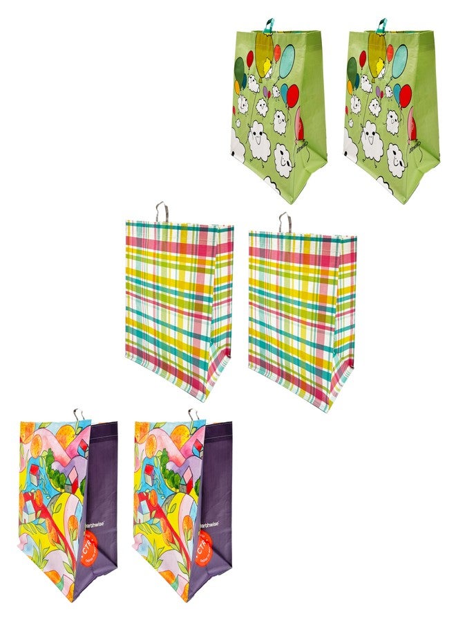 Earthwise Reusable Shopping Bags Extremely Durable Multi Use Large Stylish Fun Foldable Water-Resistant Totes Design - Small Rise (pack of 6-2 of each Design) - Image 1