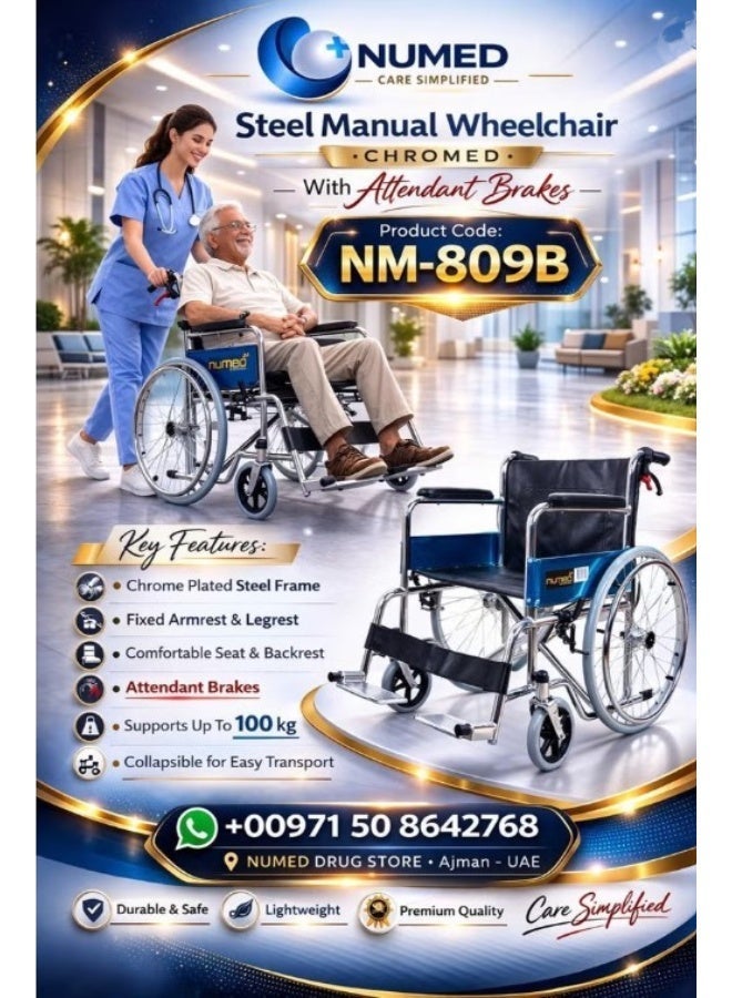 numed Premium Wheelchair Chromed with Attendant Brakes | 120kg Capacity - Image 4