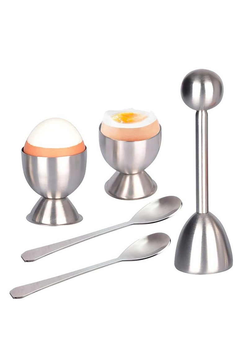 Oasisgalore - 5 Pcs Egg Cracker Set: 2 Egg Cups, 2 Spoons, 1 Cutter - Stainless Steel - Image 1