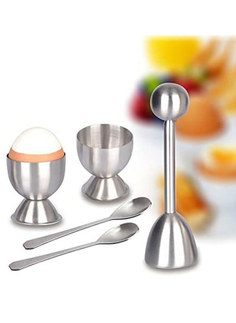 Oasisgalore - 5 Pcs Egg Cracker Set: 2 Egg Cups, 2 Spoons, 1 Cutter - Stainless Steel - Image 1