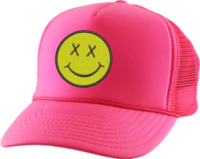 ALLNTRENDS Adult Trucker Hat Smile Face Embroidered Baseball Cap Adjustable Snapback (Neon Pink) - Image 1