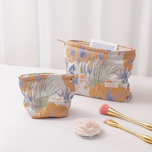 getgto 2 Pcs Makeup Bags, Large Cosmetic Bag Travel Toiletry Bag Organizer for Women, Embroidery Craft, Floral Makeup Bag Small Cosmetic Pouch Purse with Zipper Gifts for Girls Teen - Image 2