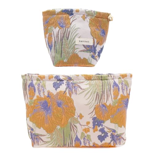 getgto 2 Pcs Makeup Bags, Large Cosmetic Bag Travel Toiletry Bag Organizer for Women, Embroidery Craft, Floral Makeup Bag Small Cosmetic Pouch Purse with Zipper Gifts for Girls Teen - Image 1