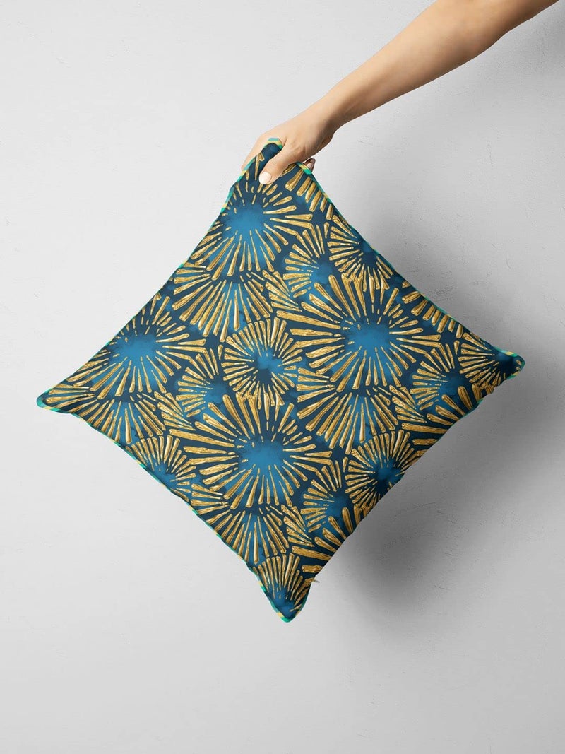 BIANCA Designer Reversible Printed Silk Linen Cushion Covers -1pc 16 X16 Size (Suzane) | with Contrast Front & Back Digital Print | - Hidden Zipper Floral-Checks-Teal/Gold - Image 1