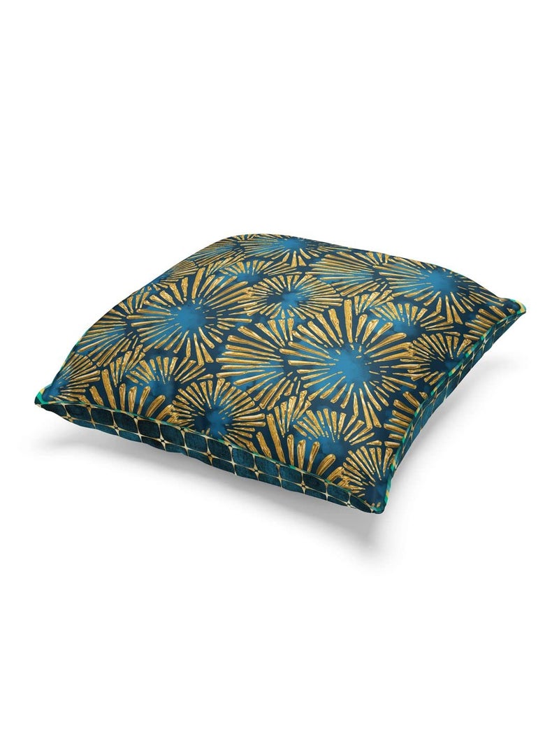 BIANCA Designer Reversible Printed Silk Linen Cushion Covers -1pc 16 X16 Size (Suzane) | with Contrast Front & Back Digital Print | - Hidden Zipper Floral-Checks-Teal/Gold - Image 2