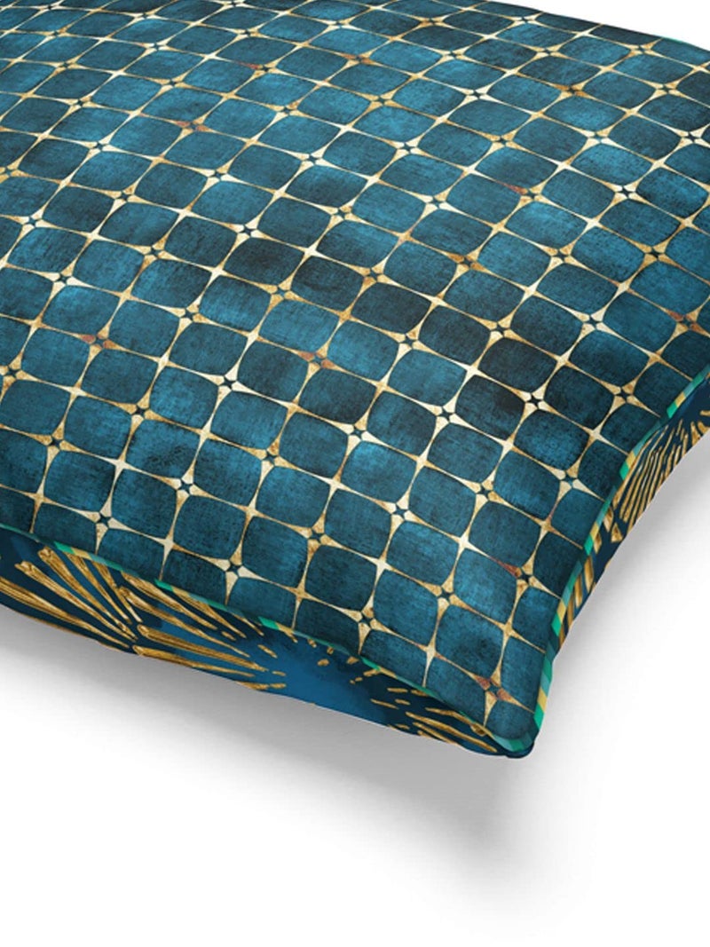 BIANCA Designer Reversible Printed Silk Linen Cushion Covers -1pc 16 X16 Size (Suzane) | with Contrast Front & Back Digital Print | - Hidden Zipper Floral-Checks-Teal/Gold - Image 5