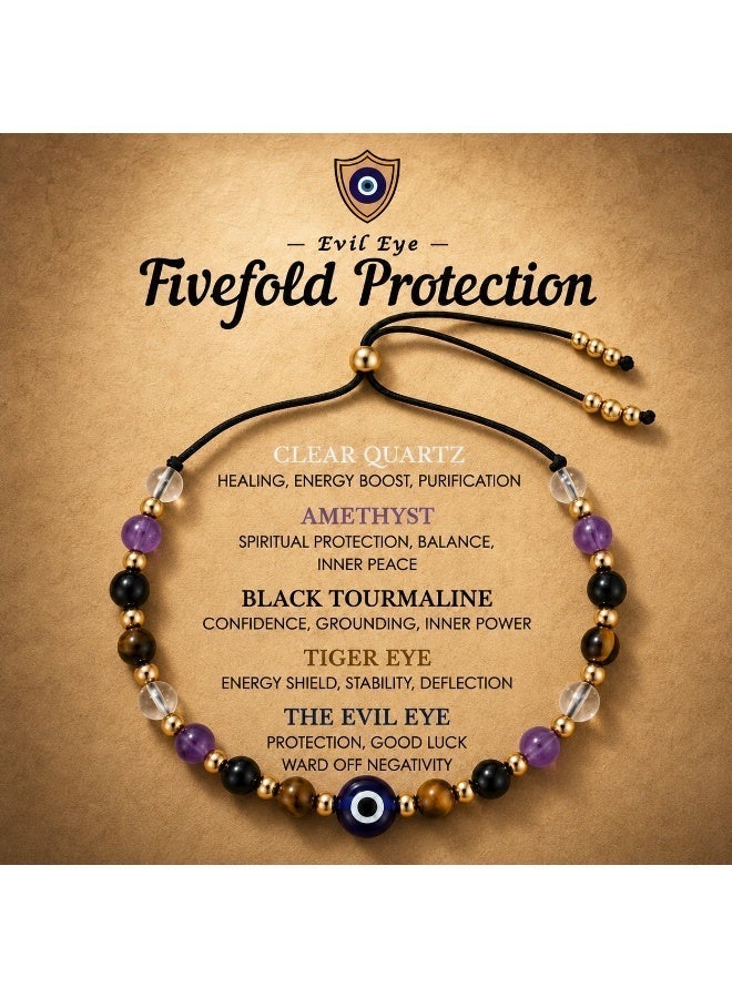VEYRA Fivefold Protection Evil Eye Bracelet – Adjustable Crystal & Black Agate Beaded Jewelry with Tiger Eye, Amethyst, Clear Quartz - Image 4
