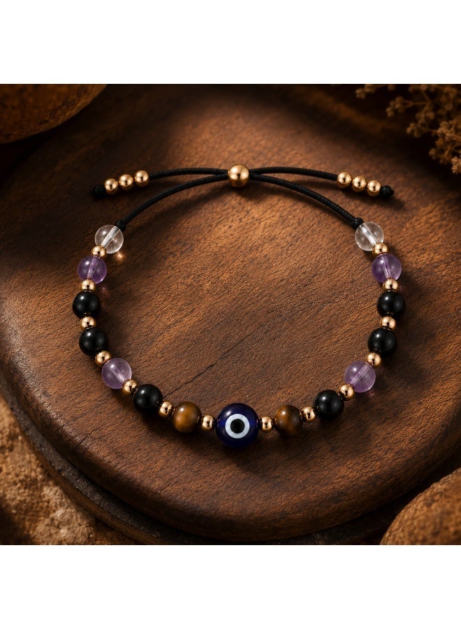 VEYRA Fivefold Protection Evil Eye Bracelet – Adjustable Crystal & Black Agate Beaded Jewelry with Tiger Eye, Amethyst, Clear Quartz - Image 2