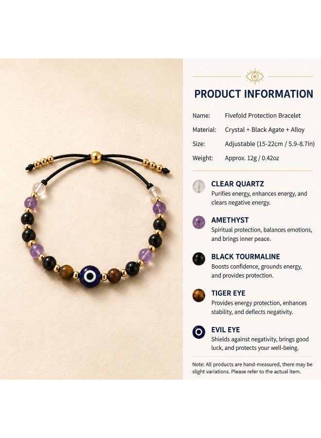 VEYRA Fivefold Protection Evil Eye Bracelet – Adjustable Crystal & Black Agate Beaded Jewelry with Tiger Eye, Amethyst, Clear Quartz - Image 3
