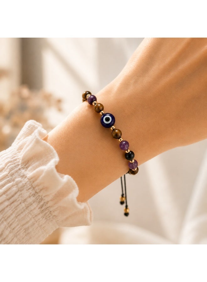 VEYRA Fivefold Protection Evil Eye Bracelet – Adjustable Crystal & Black Agate Beaded Jewelry with Tiger Eye, Amethyst, Clear Quartz - Image 1