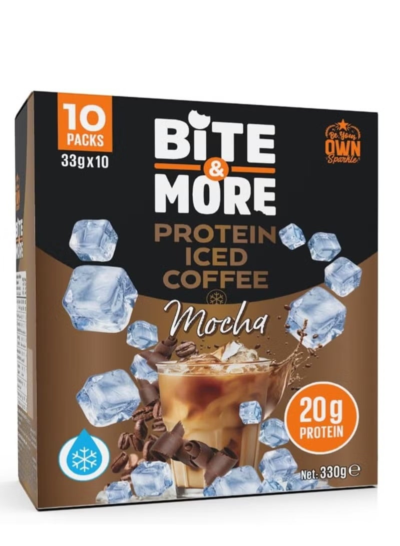 Bite & More Mocha Protein Iced Coffee, 10 x 33g Sachets, 20g Protein, Low Sugar, High Fiber, Made with Brazilian Coffee Beans - Image 1