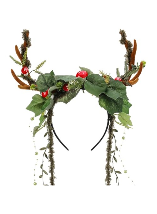MOSTORY Woodland Mushroom Antlers Headband Forest Ivy Reindeer Headpiece for Mother Nature Costume Women Floral Deer Horns Headpiece with Vine for Renaissance Renfaire Cosplay Fairy Aesthetic - Image 1