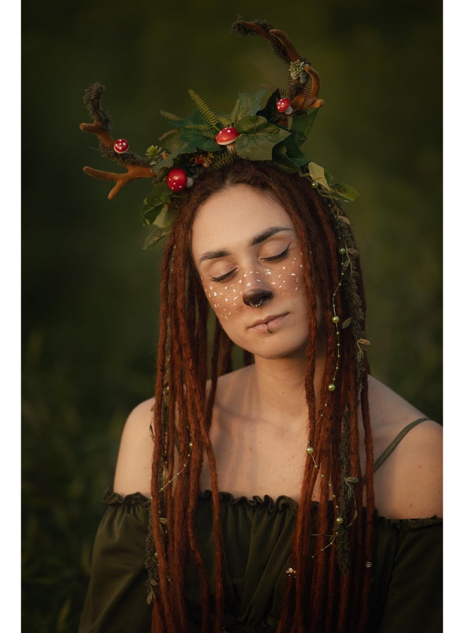 MOSTORY Woodland Mushroom Antlers Headband Forest Ivy Reindeer Headpiece for Mother Nature Costume Women Floral Deer Horns Headpiece with Vine for Renaissance Renfaire Cosplay Fairy Aesthetic - Image 4