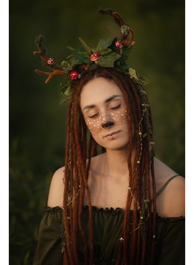 MOSTORY Woodland Mushroom Antlers Headband Forest Ivy Reindeer Headpiece for Mother Nature Costume Women Floral Deer Horns Headpiece with Vine for Renaissance Renfaire Cosplay Fairy Aesthetic - Image 3