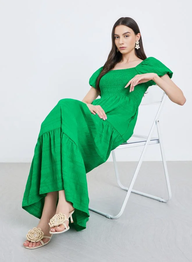 Take Two Take Two Green Puff Sleeve Tiered Midi Dress