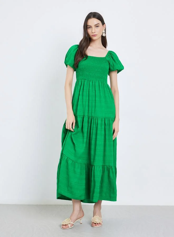 Take Two Green Puff Sleeve Tiered Midi Dress