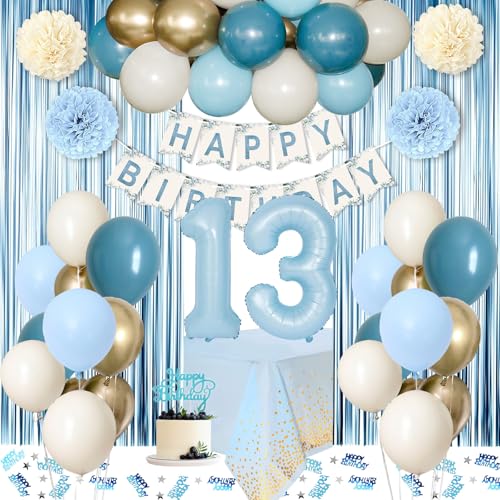 KISPATTI 13th Birthday Decorations for Girls Blue Official Teenager Decorations Light Blue White Gold Balloons Happy Birthday Banner Tablecloth Fringe Curtain Cake Topper Paper Pom Poms 13 Bday Boys Girls - Image 1