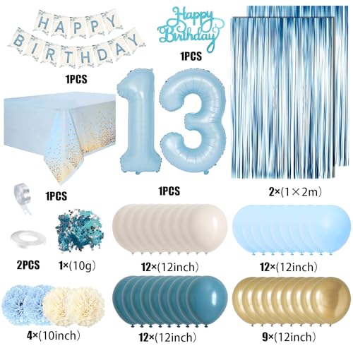 KISPATTI 13th Birthday Decorations for Girls Blue Official Teenager Decorations Light Blue White Gold Balloons Happy Birthday Banner Tablecloth Fringe Curtain Cake Topper Paper Pom Poms 13 Bday Boys Girls - Image 5