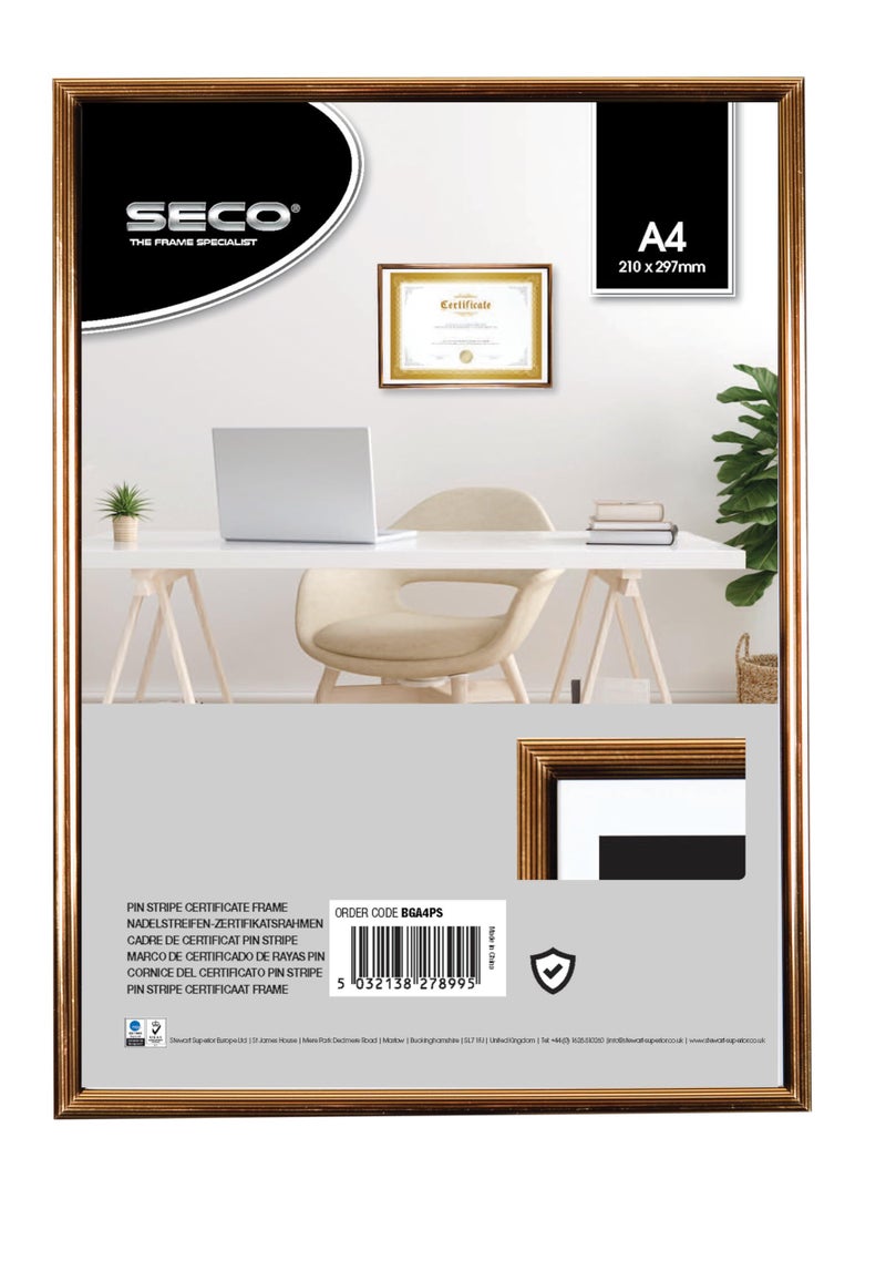 Stewart Superior SECO Stewart Superior A4 Pin Stripe Certificate Frame with Perspex Safety Glass  BlackGold A4  Striped Black  Gold