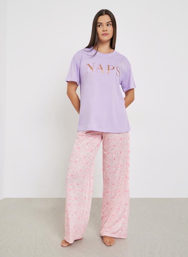 Styli Foil Print Dropped Shoulder T-Shirt and Star Print Pyjama Set - Image 1