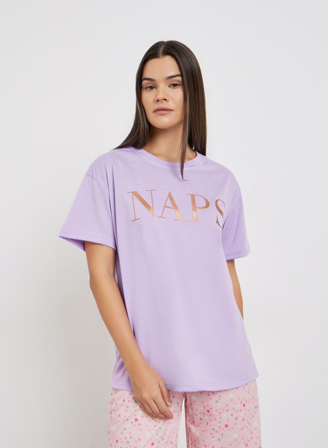 Styli Foil Print Dropped Shoulder T-Shirt and Star Print Pyjama Set - Image 2