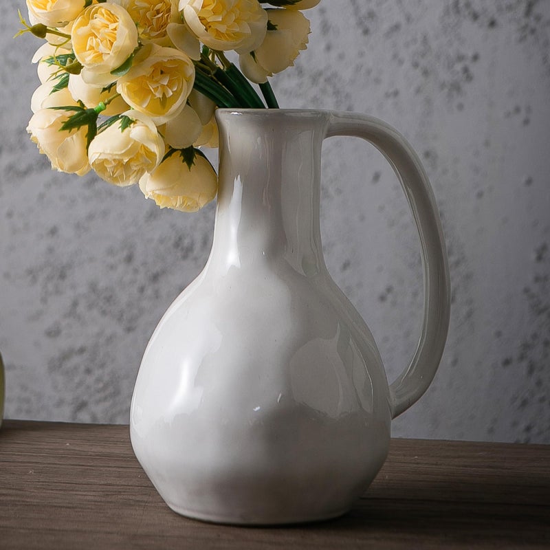Tanvecle White Ceramic Vase with Big Handles, Modern Farmhouse Decor, Rustic Pottery for Flowers, Decorative Terracotta Centerpiece for Dining Table - Image 1
