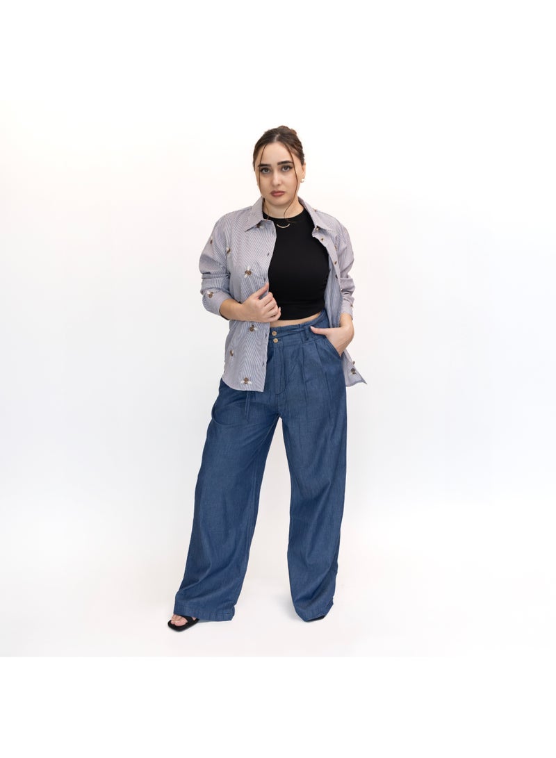 LINELLE بنطلون جينز قطن خفيف الوزن فضفاض للنساء - أزرق داكن، LLJ33230-DK - Image 1