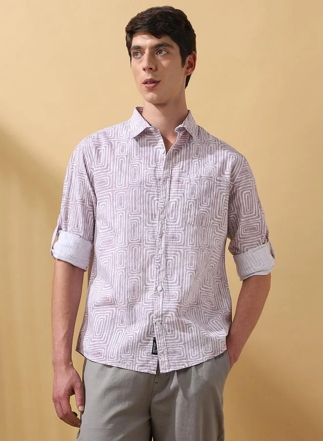 Dennis Lingo Men's Mauve 100% Cotton Printed Button Down Regular FiT-Shirt