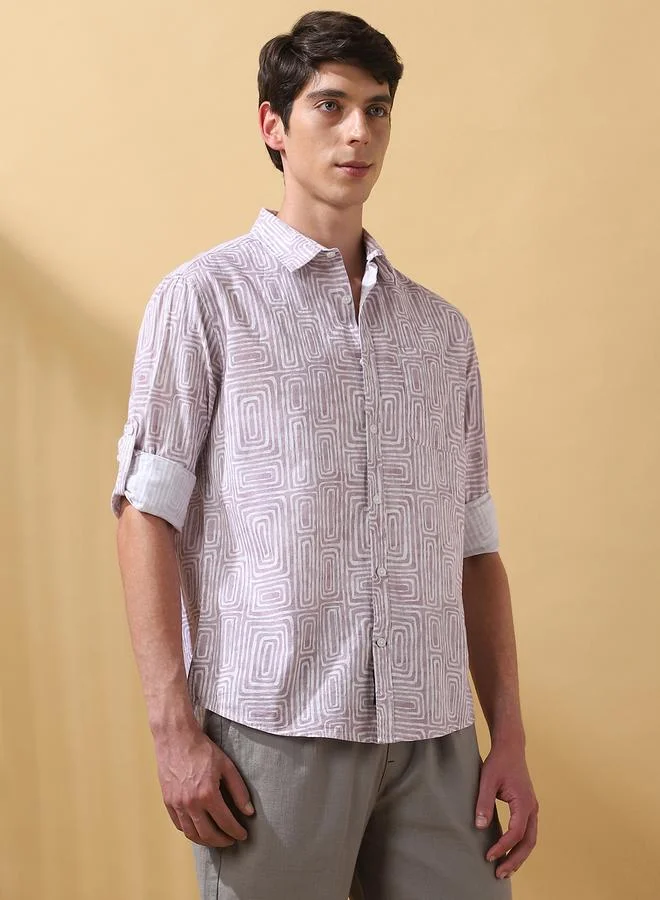 Dennis Lingo Men's Mauve 100% Cotton Printed Button Down Regular FiT-Shirt