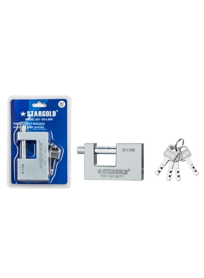 ستارجولد قفل أمان علوي 90 مم، مصنوع من فولاذ المنغنيز، مضاد للقطع، مزود بأربعة مفاتيح، آمن للغاية للبوابات، والمرائب، والمستودعات، والاستخدام الخارجي، SG-LS90 - Image 2