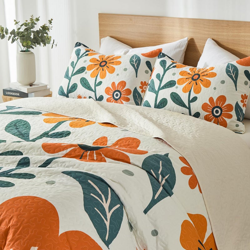 Yogeneg Queen Quilt Bedding Set,White Orange Botanical Pattern Beige Full/Queen Quilt Set,3 Piece Lightweight Soft Summer Bedspread Coverlet with 2 PIillow Shams,All Season(Beige,90"x96") - Image 2