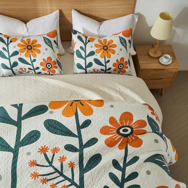 Yogeneg Queen Quilt Bedding Set,White Orange Botanical Pattern Beige Full/Queen Quilt Set,3 Piece Lightweight Soft Summer Bedspread Coverlet with 2 PIillow Shams,All Season(Beige,90"x96") - Image 3