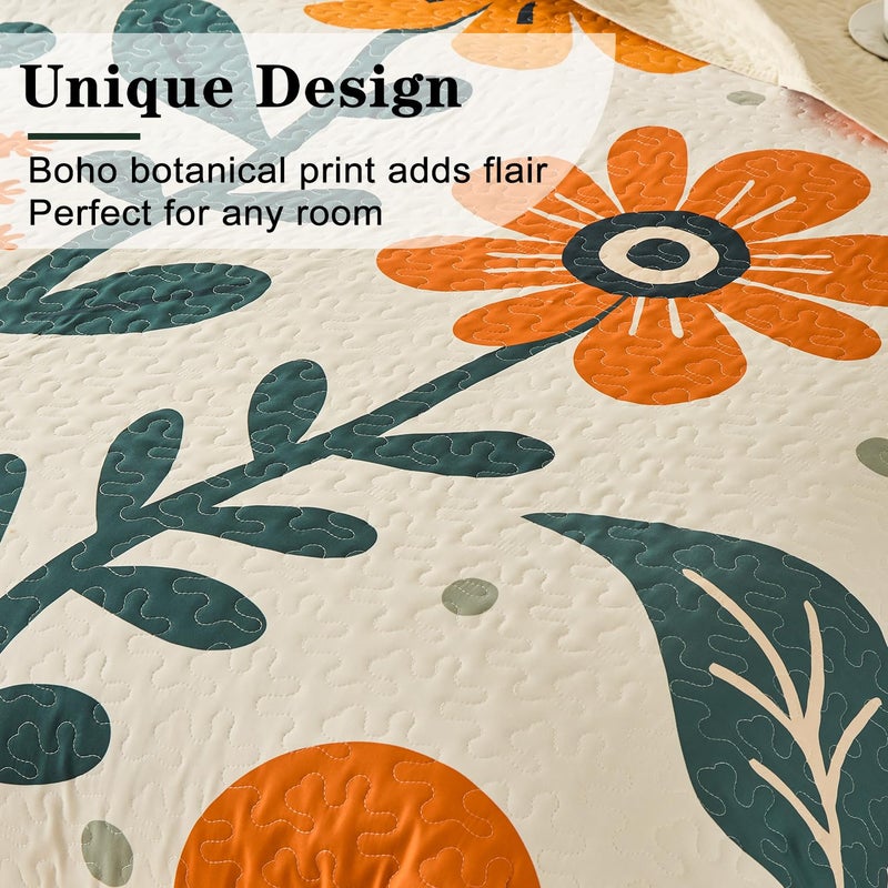 Yogeneg Queen Quilt Bedding Set,White Orange Botanical Pattern Beige Full/Queen Quilt Set,3 Piece Lightweight Soft Summer Bedspread Coverlet with 2 PIillow Shams,All Season(Beige,90"x96") - Image 4