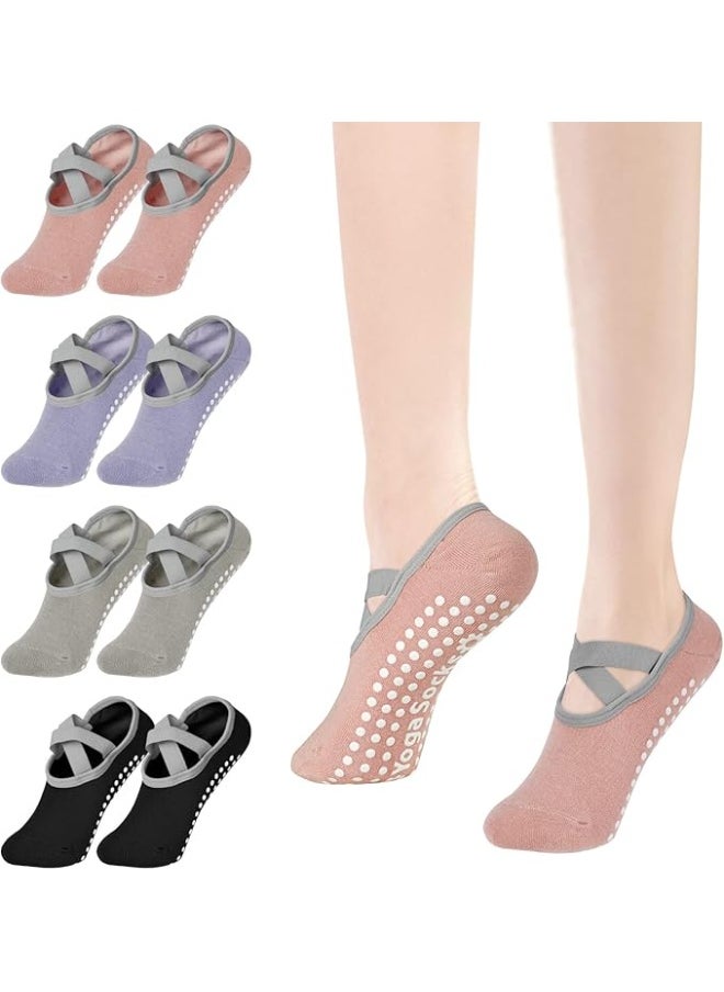 KCDMBUE 4 Pairs Non-Slip Yoga Socks with Straps, Cotton Grip Socks for Women, Pilates Socks for Ballet, Barre, Dance, Workout, Fitness, Barefoot Exercise, Sweat Absorbing (Style 1)  - Image 1