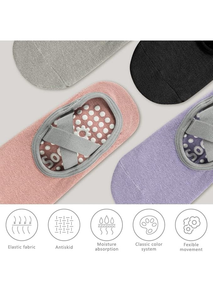 KCDMBUE 4 Pairs Non-Slip Yoga Socks with Straps, Cotton Grip Socks for Women, Pilates Socks for Ballet, Barre, Dance, Workout, Fitness, Barefoot Exercise, Sweat Absorbing (Style 1)  - Image 3