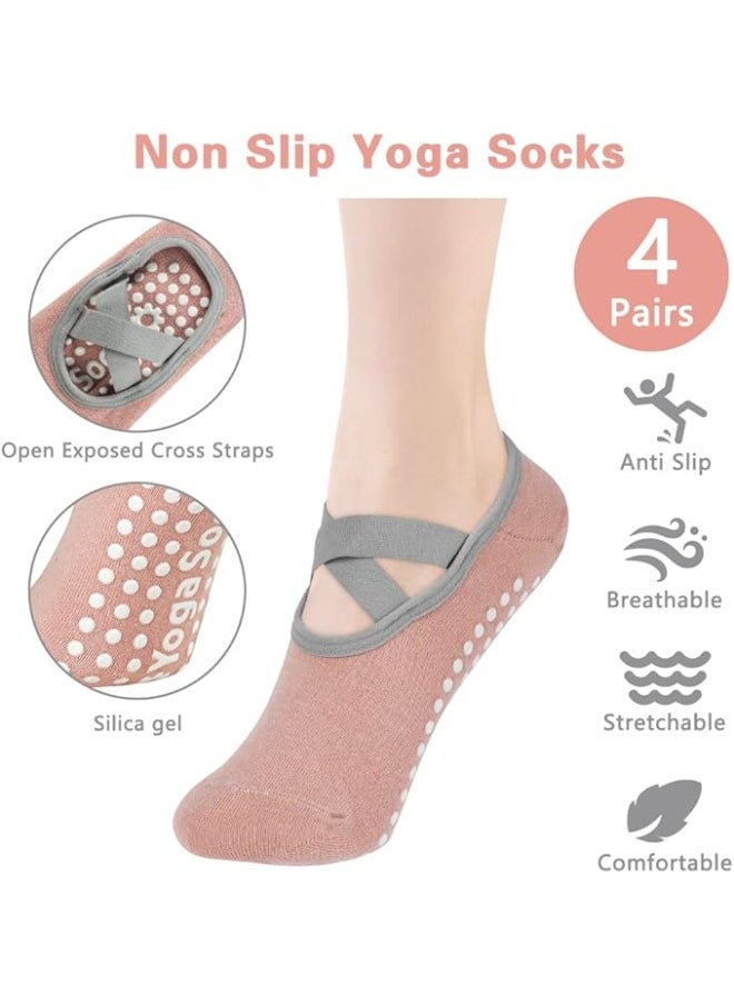 KCDMBUE 4 Pairs Non-Slip Yoga Socks with Straps, Cotton Grip Socks for Women, Pilates Socks for Ballet, Barre, Dance, Workout, Fitness, Barefoot Exercise, Sweat Absorbing (Style 1)  - Image 2