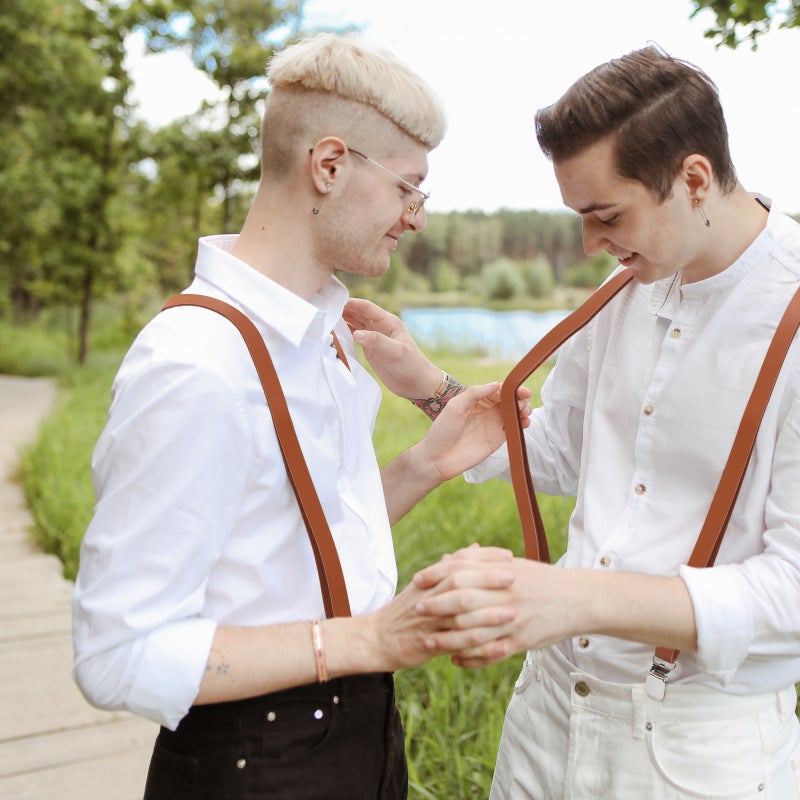 Fully Adjustable Clip On Suspender Stylish Dress PU Leather Suspenders for Women Men (Brown) - Image 1