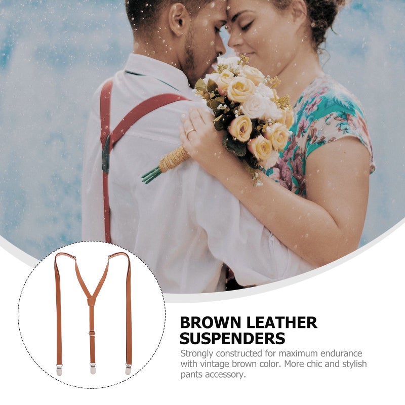 Fully Adjustable Clip On Suspender Stylish Dress PU Leather Suspenders for Women Men (Brown) - Image 2