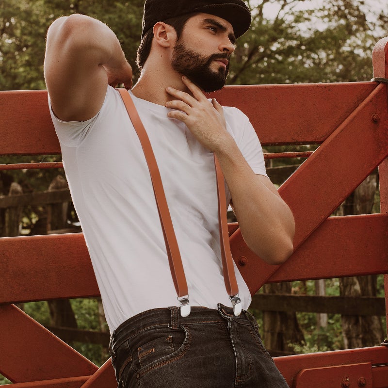 Fully Adjustable Clip On Suspender Stylish Dress PU Leather Suspenders for Women Men (Brown) - Image 5