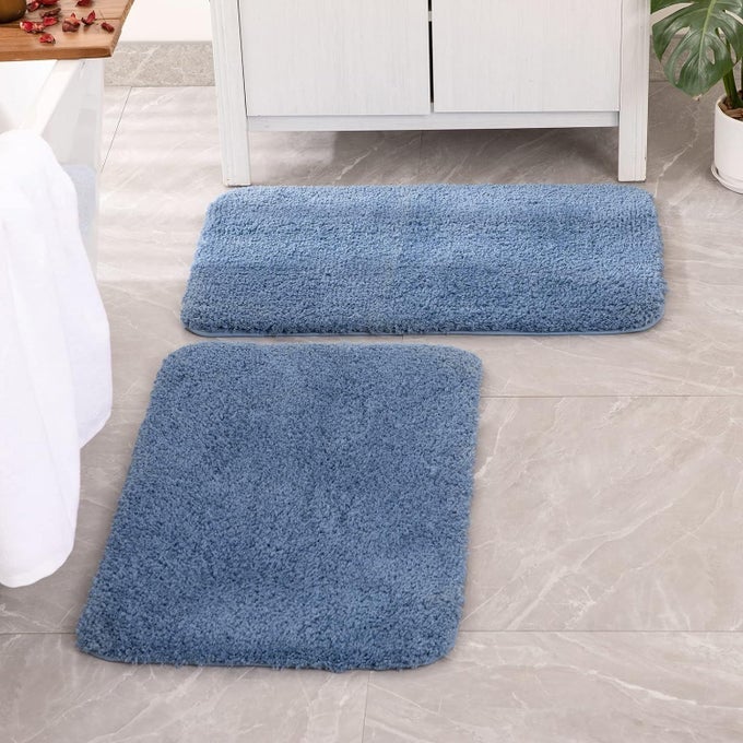 SET OF 2 NON SLIP SHAGGY BATHROOM RUGS THICK SOFT BATH MATS FLUFFY MICROFIBER ABSORBENT WATER CARPET FOR TUB SHOWER MACHINE WASHABLE BLUE 16X24 INCHES