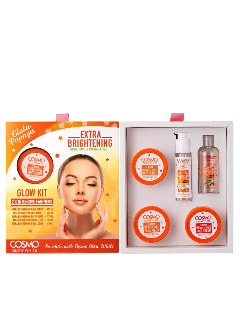 Cosmo Skin Care Gluta Papaya Glow White Extra Brightening Kit, Gift Set for Unisex, Body Scrub 125ml, Face Mask 125ml, Face Cream 125ml, Shower Gel 120ml, Body Lotion 65ml, Facial Kits
