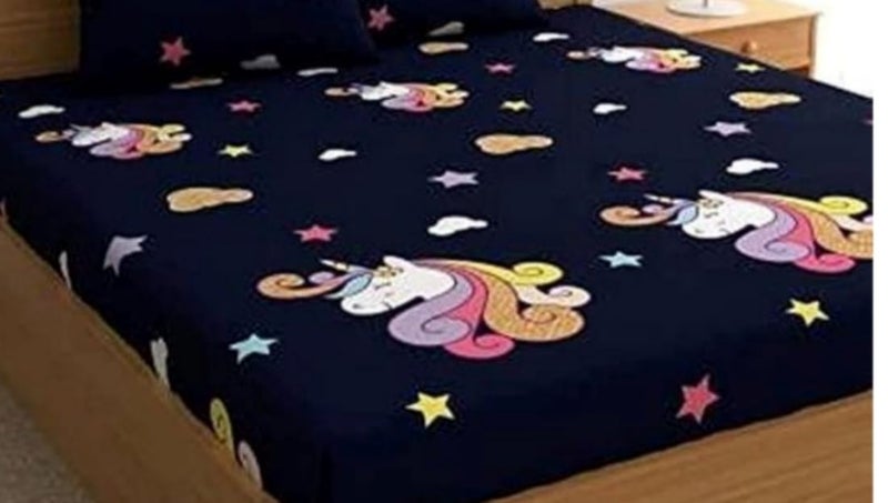 Delight Zone Prime Collection 160 TC Supersoft Glace Cotton King Size Elastic Fitted Double Bedsheet with 2 Pillow Covers (Multicolour, Size 72 x 78 Inch) - Blue Unicorn 2 - Luxury Fitted - Image 2