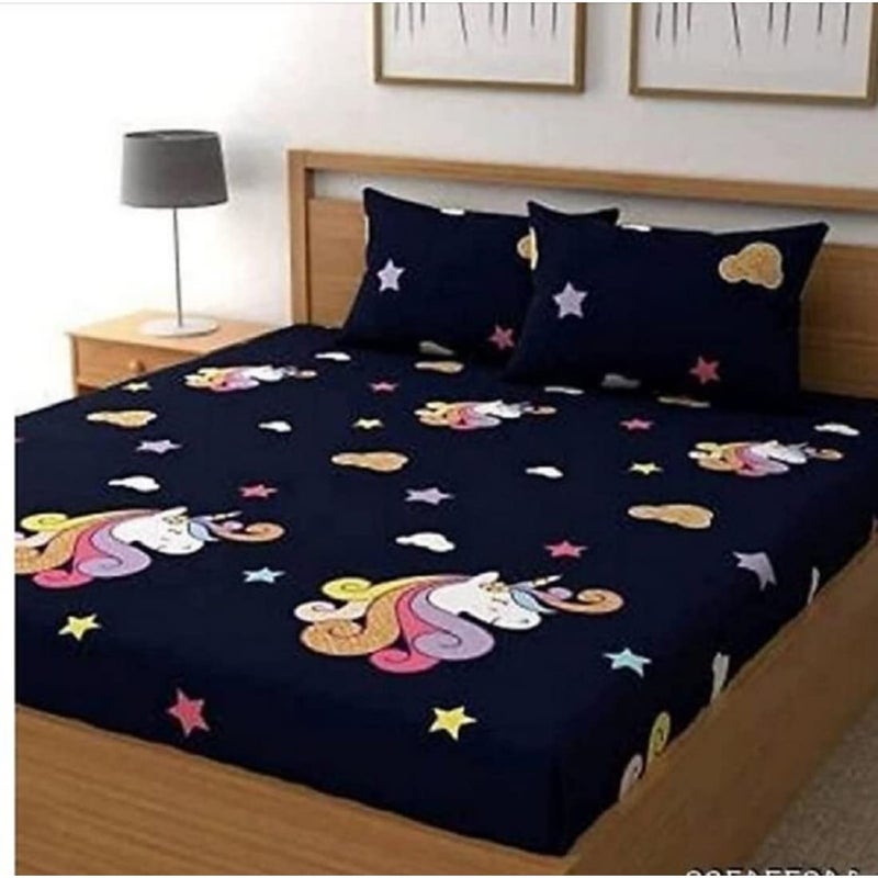 Delight Zone Prime Collection 160 TC Supersoft Glace Cotton King Size Elastic Fitted Double Bedsheet with 2 Pillow Covers (Multicolour, Size 72 x 78 Inch) - Blue Unicorn 2 - Luxury Fitted - Image 1