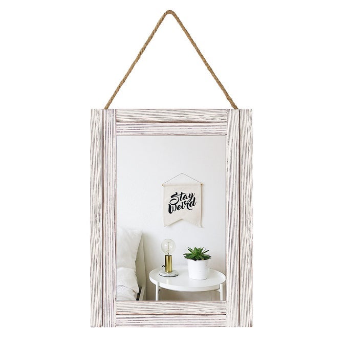 16 X 12 INCH RUSTIC WOOD FRAMED WALL MIRROR WITH HANGING ROPE FOR FARMHOUSE DECOR FOR ENTRYWAY BEDROOM BATHROOM DRESSER WASH WHITE