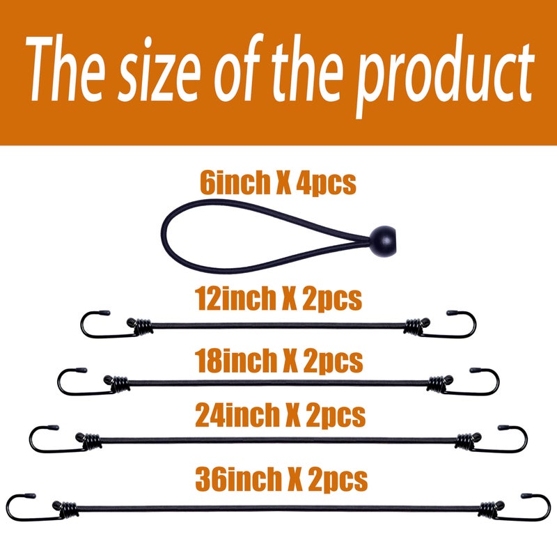 Yelier Bungee Cords with Hooks â€“ 8pcs Bungee Cord (12", 18", 24", 36") + 4pcs 6" Ball Bungee Cords, No Irritating Odor, for Cargo, Camping, Outdoor, Tent (Black, 12" 18" 24" 36") - Image 2