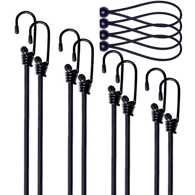 Yelier Bungee Cords with Hooks â€“ 8pcs Bungee Cord (12", 18", 24", 36") + 4pcs 6" Ball Bungee Cords, No Irritating Odor, for Cargo, Camping, Outdoor, Tent (Black, 12" 18" 24" 36") - Image 1