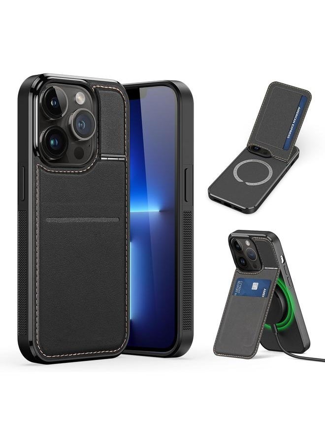 erorex For Iphone15 Pro Max Case Magnetic Phone Case With Kickstand And Credit Card Holder 3 In1 Dual Card Protection Case Leather Heavy Duty Protective Case Cover Funda 6.1" Black  - Image 1