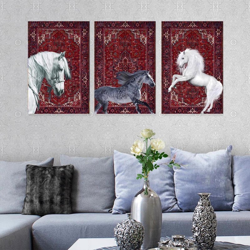 Marktna Three canvas paintings with a horse design and a hollow frame, measuring (150×70), three pieces - Image 1