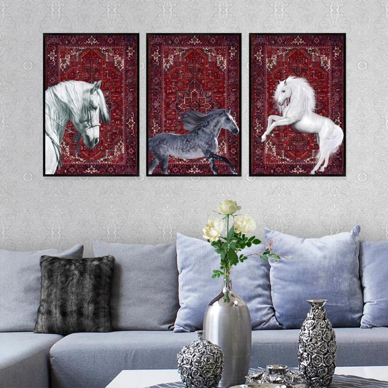 Marktna Three canvas paintings with a horse design and a hollow frame, measuring (150×70), three pieces - Image 3